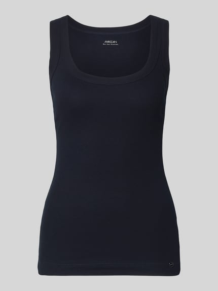 Productfoto, Tanktop met ronde hals van Marc Cain in donkerblauw katoenmix met stretch, fijnrib, nauwsluitend model, ruglengte maat 36 46 cm