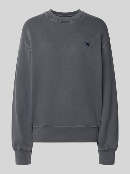 Produktfoto, Relaxed Fit Sweatshirt aus reiner Baumwolle von Carhartt Work In Progress, dunkles Grau, gerippte Abschlüsse, Logo-Patch, glatte Textur