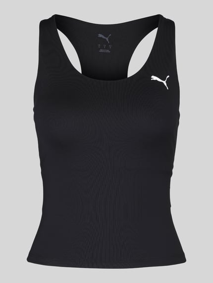 Produktfoto, czarne Slim Fit Sport-Top mit Logo-Print von PUMA, gładka tekstura, damski top sportowy od PUMA Performance