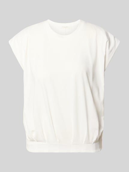 Produktfoto, T-Shirt mit Rundhalsausschnitt und Kappärmeln von Christian Berg Woman, mieszanka bawełny, krój regular fit, drapowania, okrągły dekolt, krótkie rękawy, długość tyłu w rozmiarze S: 54 cm, damski t-shirt, kolor biały, gładka faktura, proste linie, miękki materiał