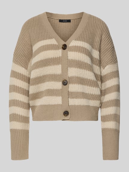Produktfoto, Relaxed Fit Strickjacke mit V-Ausschnitt Modell 'LEA' von Vero Moda, melierte Optik, beige-weiße Streifen, grob gestrickt