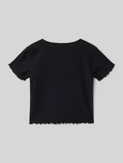 Productfoto, Regular Fit T-shirt met viscose-aandeel model 'KONELLA' van Only, effen zwart, stretch geweven materiaal, frill mouw- en zoomafwerking