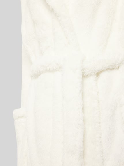 Produktfoto, Bademantel mit Eingrifftaschen von SCHIESSER aus weißem Teddyfleece, Unifarbenes-Design, Kapuze, Schnürband, weiche Textur
