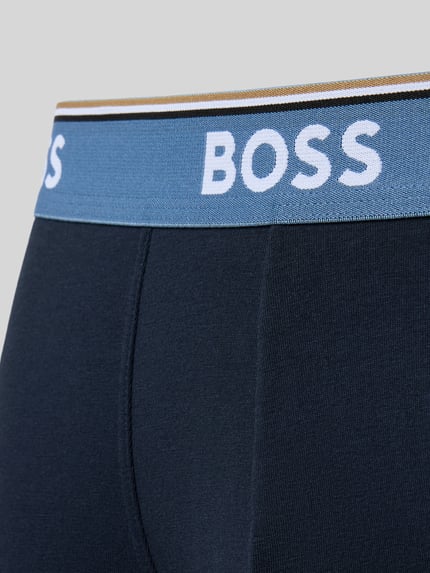 Produktfoto, marineblaue Baumwoll-Pants mit hellblauem Bund und weißem BOSS-Schriftzug, Pant & Trunk aus Baumwoll-Mix im 3er-Pack Modell 'BOXERBRLONG 3P POWER' von BOSS, Herren Pant & Trunk