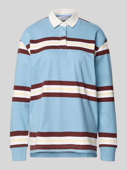 Produktfoto, Longsleeve met polokraag en verdekte knoopsluiting van JAKE*S STUDIO WOMAN, puur katoen, relaxed fit, ruglengte maat S 67 cm, blauw met witte en bruin-rode strepen