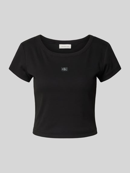 Produktfoto, Cropped T-shirt met labeldetail van Calvin Klein Jeans in zwart, Mix van katoen en elastaan, ronde hals, korte lengte