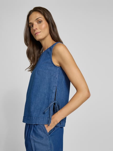 Oui Blusentop mit Rundhalsausschnitt und seitlicher Schnürung Jeansblau 3