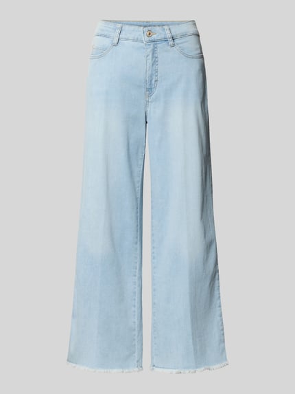 Produktfoto, Wide Fit Jeans-Culotte aus Baumwoll-Mix Modell 'DREAM' von MAC in hellem Blau, ausgefranste Beinabschlüsse, 5-Pocket-Design, rückseitiges Label-Patch, elastischer Baumwoll-Modal-Mix, verkürzte Passform, Knopf- und Reißverschluss.