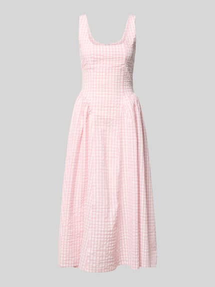 Produktfoto, Midikleid mit Karree-Ausschnitt Modell 'Arwen' von OH APRIL in Rosa-Weiß mit Allover-Look, A-Linie, Reine Baumwolle.