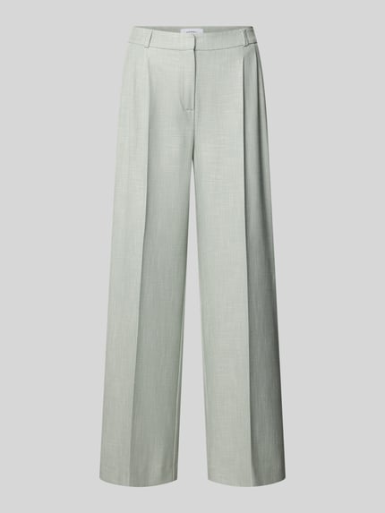 Produktfoto, Wide Fit Stoffhose aus Viskose-Mix mit Bügelfalten von Comma in hellem Grau, elastischer Viskose-Mix, Gesäßtaschen, Haken- und Reißverschluss, Bundweite 40 cm, Innenbeinlänge 75 cm, glatter Anzug-Stoff, klassische Damen Stoffhose