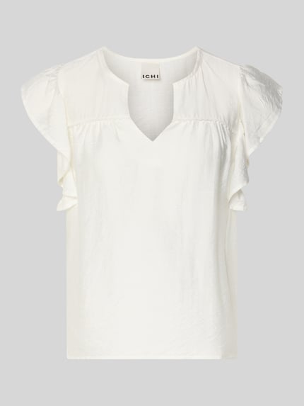 Produktfoto, Bluse aus Viskose-Mix mit Rüschen Modell 'HETTA' von ICHI, weiß, Gerader-Schnitt, Serafino-Ausschnitt, strukturierte Textur