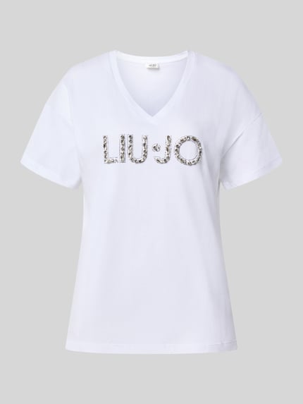 Produktfoto, Regular Fit T-Shirt aus reiner Baumwolle von Liu Jo White, weiß, Ziersteinbesatz, Logo-Detail, reine Baumwolle, Vorderansicht