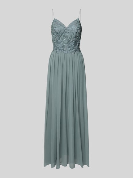 Produktfoto, Abendkleid mit floralen Stickereien und Zierperlen von LAONA, taillierte Passform, V-Ausschnitt, doppellagiger Rockteil, strapazierfähiges Material