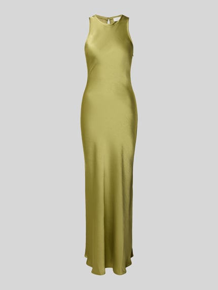 Produktfoto, Abendkleid mit Rundhalsausschnitt Modell 'Celinie Heaven' von Neo Noir in glänzendem Satin, Maxilänge, eng anliegende Passform, grüner Farbton.