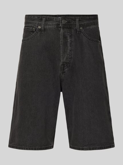 Produktfoto, Baggy Fit Jeansshorts mit Eingrifftaschen Modell 'ALEX' von Jack & Jones, schwarze Baumwolle, deutlich sichtbare Nähte, weite Passform.
