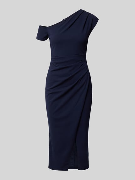 Productfoto, Knielanges Kleid mit Gehschlitz van Lipsy, donkerblauw, elastische materiaalmix, slim fit, Knielengte, loopsplit, off-shoulder-design, asymmetrische look, ruglengte maat 36: 105 cm, borstwijdte maat 36: 41 cm, mouwlengte maat 36: 23 cm