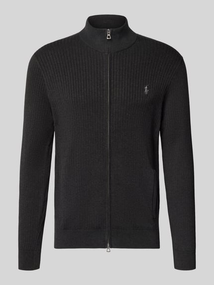 Produktfoto, Strickjacke met ritssluiting van Polo Ralph Lauren voor heren, puur katoen, regular fit, ribboorden, opstaande kraag, steekzakken, labelstitching, zwarte kleur, gestructureerde ribtextuur.