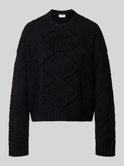 Produktfoto, Relaxed Fit Strickpullover mit Woll-Anteil van Liu Jo White, Materiaalmix met wol, zwarte kleur, gaatjesmotief, ribboorden, pullover met ronde hals, lang mouwen, ruglengte maat S 52 cm, mouwlengte maat S 51 cm
