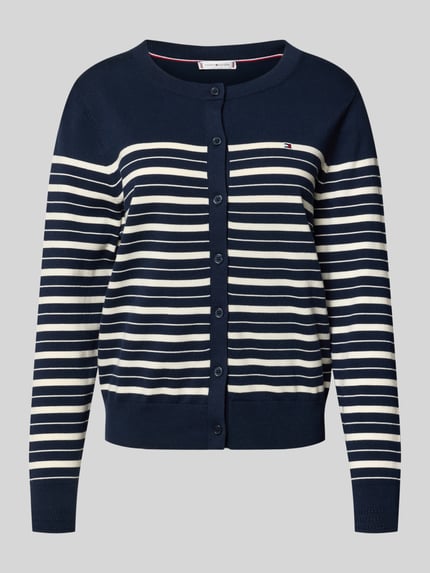 Produktfoto, Regular Fit Strickjacke aus Baumwoll-Mix von Tommy Hilfiger mit dunkelblau-weißem Streifenmuster, Rundhals, Feinstrick, Logo-Stitching
