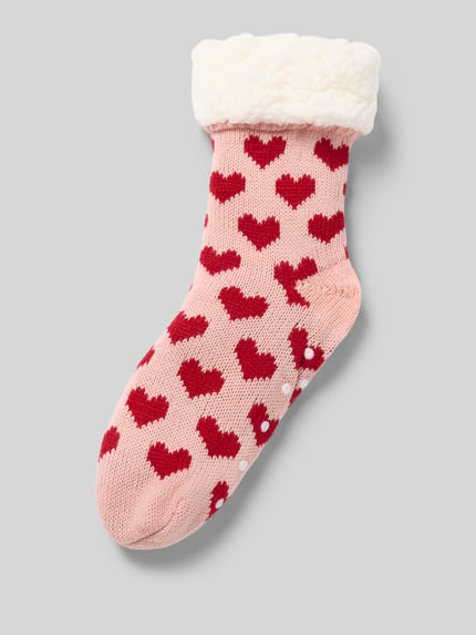 Produktfoto, Kuschelsocken mit Kunstfellbesatz Modell 'Heart' von CAPELLI NEW YORK, rosa Socke mit roten Herzen und weißen Noppen, miękka tekstura