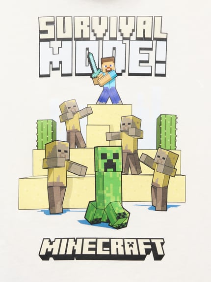 Produktfoto, T-Shirt mit Motiv-Print von Mango für kinder in Weiß mit buntem Minecraft-Motiv, reine Baumwolle, Regular-Fit, gerippter Rundhalsausschnitt, Rückenlänge bei Größe 116: 42 cm