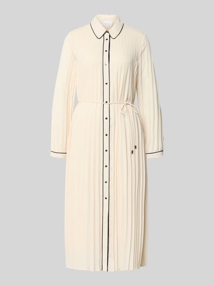 Produktfoto, Regular Fit midi-jurk in plooien-look van comma, crème met zwarte accenten, platte kraag, tailleband, knoopsluiting