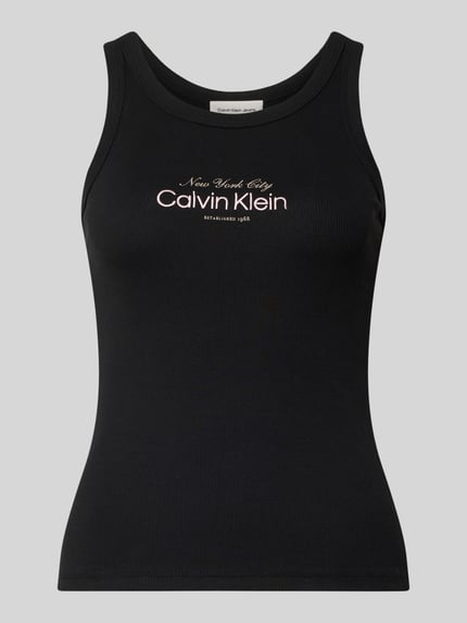 Productfoto, zwart Top met Labelstitching Model 'CONTOUR' van Calvin Klein Jeans van katoenmix, nauwsluitend model, U-hals, ruglengte maat S 48 cm