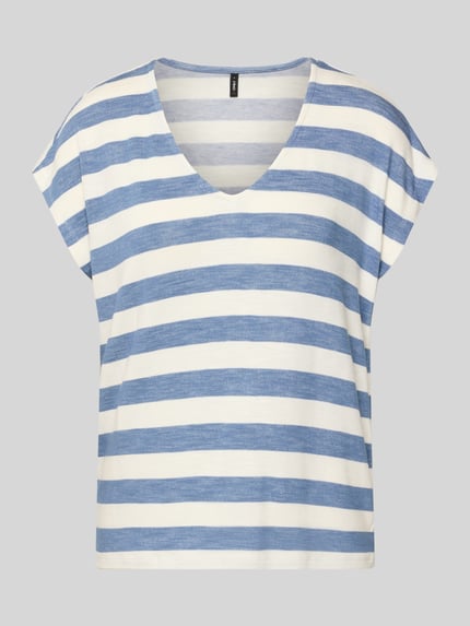 Produktfoto, Regular Fit T-Shirt aus Viskose-Mix Modell 'LIRA' von Only, blau-weiß gestreift, V-Ausschnitt, ärmellos, Feinripp-Textur