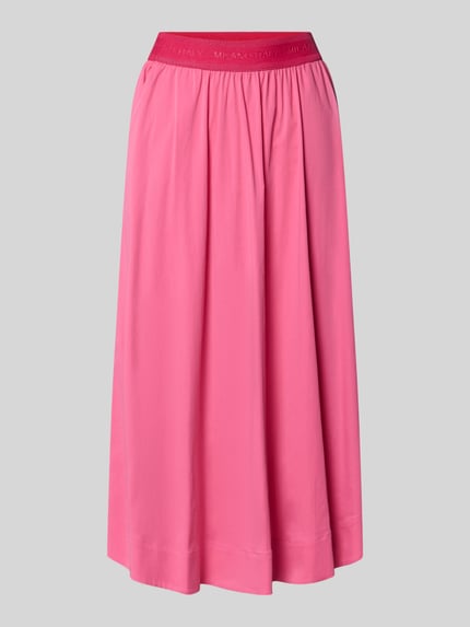 Produktfoto, Midirock mit elastischem Bund Modell 'SNOS' von Milano Italy in Pink, A-Linie, Baumwoll-Mix mit Stretch, glatte Textur, Logo-Detail am Bund