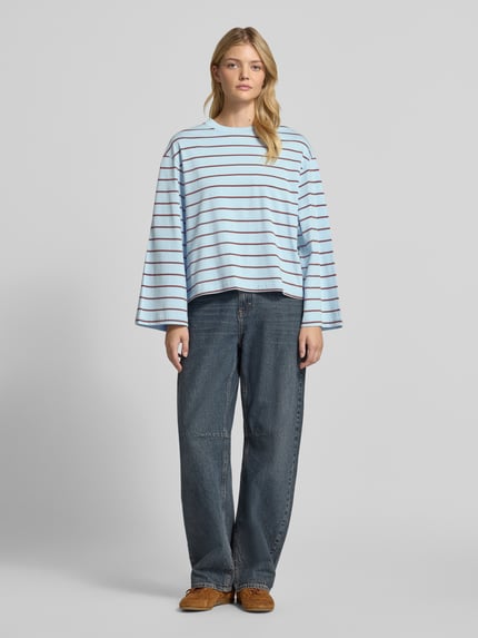 Gina Tricot Shirt met lange mouwen in all-over look met ronde hals Blauw - 1
