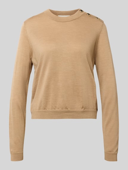 Produktfoto, Strickpullover aus Wolle mit Knopfleiste von Bash in Beige, Regular Fit, Rundhalsausschnitt, feine Textur, Vorderansicht