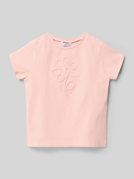 Productfoto, T-Shirt met florale stitching van Mayoral, lichtroze katoen-elastaanmix, rechte fit, ronde hals, ruglengte maat 116: 41 cm