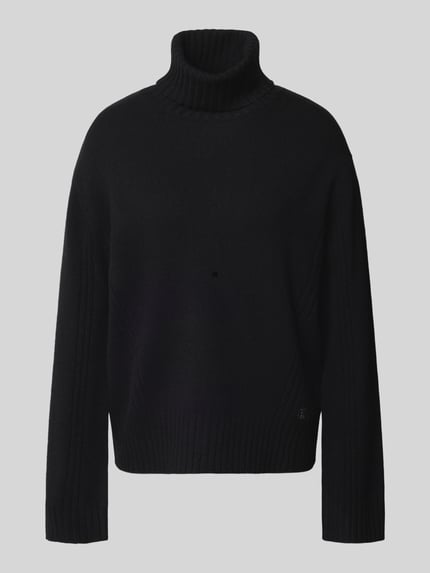 Produktfoto, Relaxed Fit Rollkragenpullover aus reiner Wolle von Liu Jo White in Schwarz, Strasssteine, gerippte Abschlüsse, Damenmode