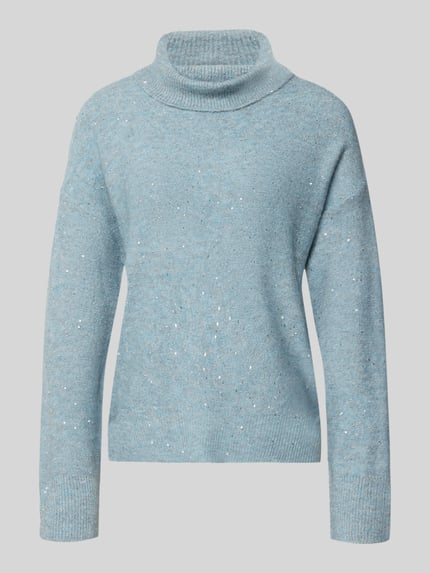 Produktfoto, Oversized Rollkragenpullover mit Paillettenbesatz Modell 'ARIZONA LS SEQUINS' von Only, Optik: Unifarben, Passform: Oversized, Applikation: Paillettenbesatz, Label-Stitching, Effektgarn-Details, Kragenform: Rollkragen, Ärmelform: Langarm, Rumpfabschluss: Gerippt, Materialverarbeitung: Strick, hellblau mit glitzernden Akzenten, weiche Struktur.