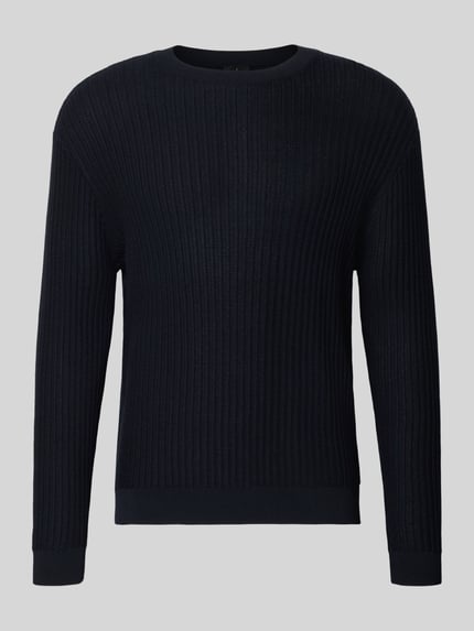 Produktfoto, Slim Fit Pullover in Strick-Optik von ARMANI EXCHANGE, dunkelblau, reine Baumwolle, Rundhalsausschnitt, elastische Abschlüsse, gerippte Textur