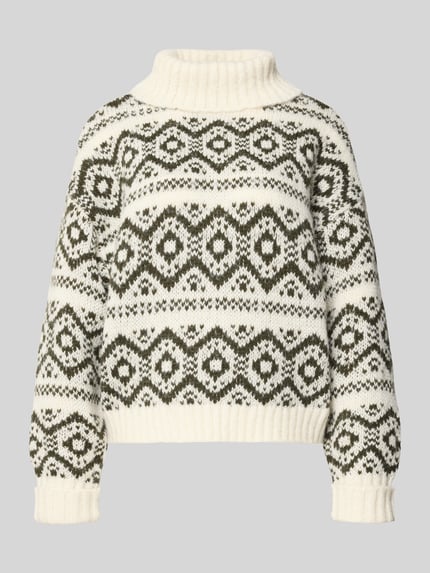 Produktfoto, Regula Fit Rollkragenpullover mit Allover-Muster Modell 'CARIN' von Only, Strick, Norwegen Muster, creme und oliv, gerippte Abschlüsse