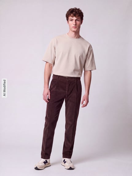 Männermodel trägt Relaxed Fit Cordhose aus katoenmix model 'Lui_2V-D' van Strellson in donkerbruin, Heren corduroy broek, ganzlichaamsvoor aanzicht, KI-modifiziertes Bild