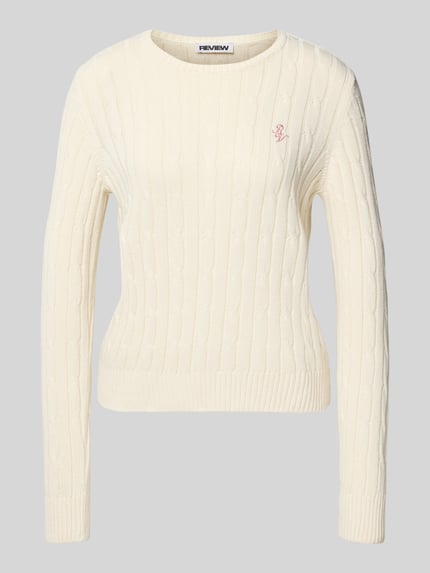 Produktfoto, Slim Fit Strickpullover mit Rundhalsausschnitt und Zopfmuster od Review, mieszanka bawełny, ścieg warkoczowy, wyhaftowane logo