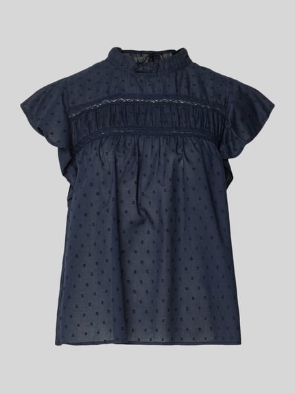 Produktfoto, Regular Fit Blusentop aus reiner Baumwolle Modell 'KATTI' von Only, donkerblau met all-over bloemenmotief, popeline, kraag met ruches, korte mouw
