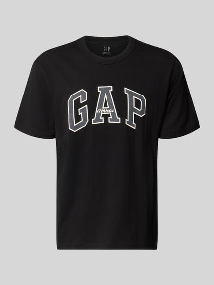 Produktfoto, T-Shirt mit Logo und Rundhalsausschnitt von GAP in Schwarz, Reine Baumwolle, Regular-Fit, weißes Logo, Rückenlänge 66 cm bei Größe M