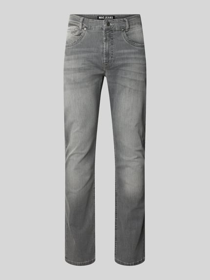Produktfoto, Straight Fit Jeans aus Baumwoll-Mix Modell 'Arne Pipe' von MAC in Grau, 5-Pocket-Design, sichtbares Label-Patch, glatte Textur