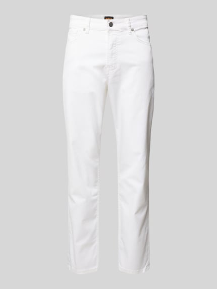 Productfoto, Regular Fit Jeans uit katoenmix model 'MAINE' van BOSS Orange in effen wit, 5-pocket-design met logo-applicatie, knoopsluiting, heren jeans