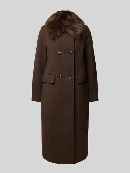 Produktfoto, Mantel mit Webpelzkragen von VERO MODA in Dunkelbraun, unifarben, strukturierte Oberfläche, Longline-Schnitt, Zierknöpfe, doppelreihige Knopfleiste, Umlegekragen, Gehschlitz, Pattentaschen, Applikationen und Teilungsnähte.