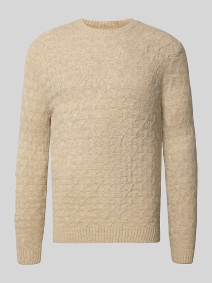 Produktfoto, Sweter z dzianiny z okrągłym dekoltem, prążkowane wykończenia, mieszanka materiałów z dodatkiem wełny, krój regular fit, model 'BLASIMON' od Jack & Jones Premium, długość tyłu 71 cm, długość rękawów 72 cm.
