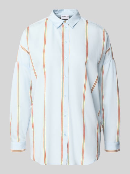 Produktfoto, Relaxed Fit Bluse aus Viskose-Mix von Jake*s Casual, hellblau mit orangefarbenem Streifenmuster, Hemdblusenkragen, Knopfleiste