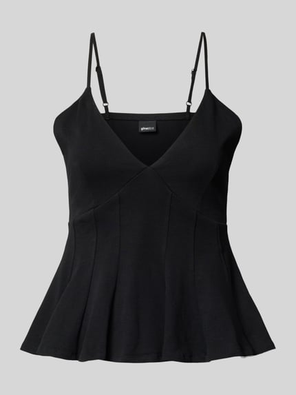 Produktfoto, Trägertop mit V-Ausschnitt Modell 'Peplum' van Gina Tricot in zwart, puur katoen, getailleerd model, verstelbare bandjes, ruglengte bij maat S 32 cm