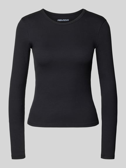 Produktfoto, Longsleeve mit Rundhalsausschnitt von REVIEW in Schwarz, eng anliegend, Ripp-Struktur, aus Baumwoll-Mix, neutraler Hintergrund