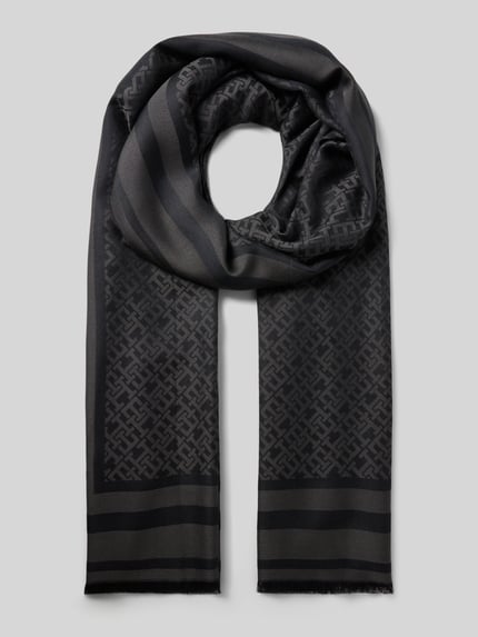 Produktfoto, Schal mit Logo-Muster van Tommy Hilfiger in zwart met all-over patroon en korte franjes, zachte stof van modal.