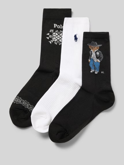 Produktfoto, Socken mit Bärenmotiv im 3er-Pack von POLO RALPH LAUREN, Mehrfarbdesign mit Motiv-Print, Logo-Print und Logo-Stitching