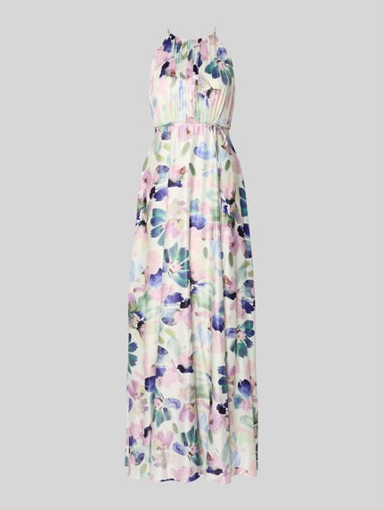 Productfoto, Maxikleid aus Satin mit Bindegürtel van Jake*s Cocktail, satijnen A-lijn jurk met plissé, all-over bloemenprint, zachte pastelkleuren, lengte 152 cm, borstwijdte 35 cm